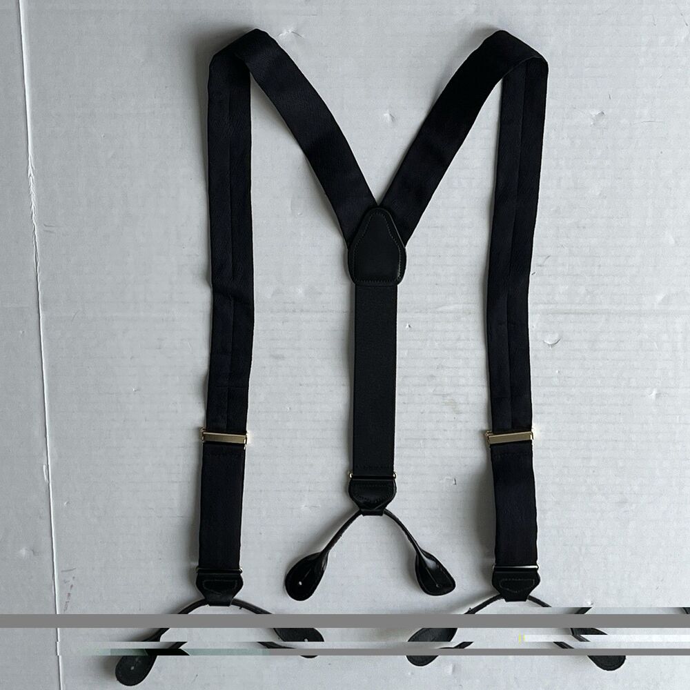 Mens MADE In ENGLAND Black 100% Silk Button Suspenders w/ Leather Loops Y-Back - Picture 2 of 8